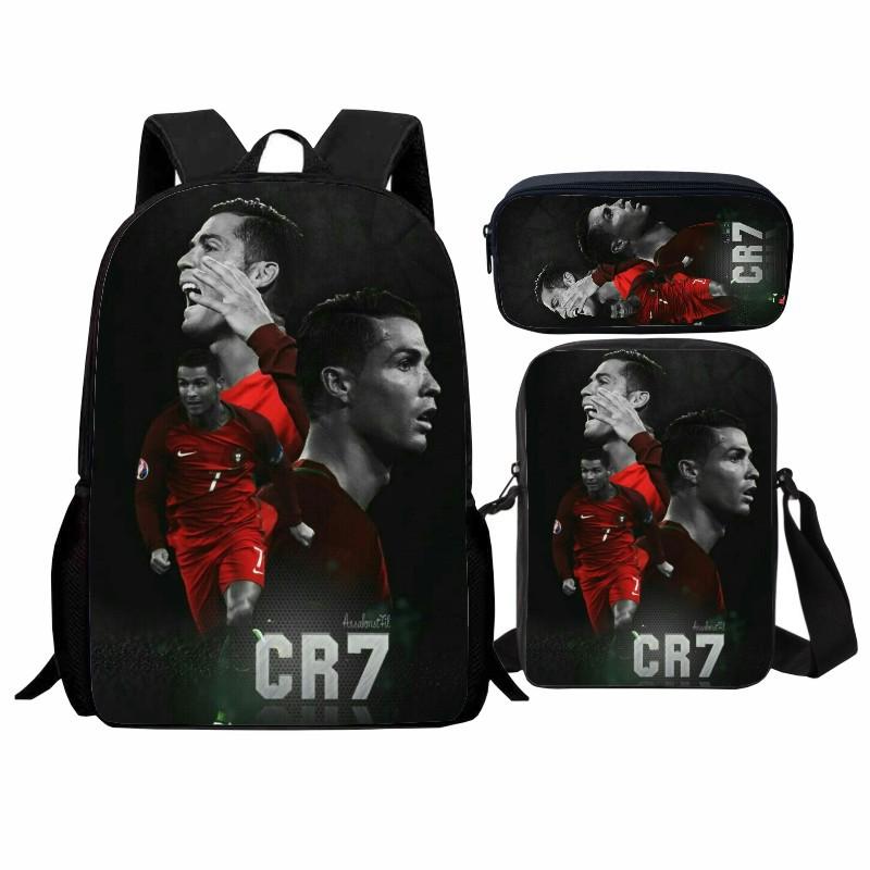 Printed Football Star Student Schoolbag Three-piece Set, Casual Cr7 Backpack, Messenger Bag, Pencil Bag, Men and Women