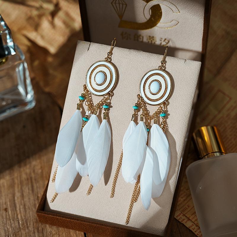 Bohemian Tassel Chain Feather Earrings for Women Unique Long Oval Drop Glaze Handmade Dangle Earring Pendiente Mujer Accessories
