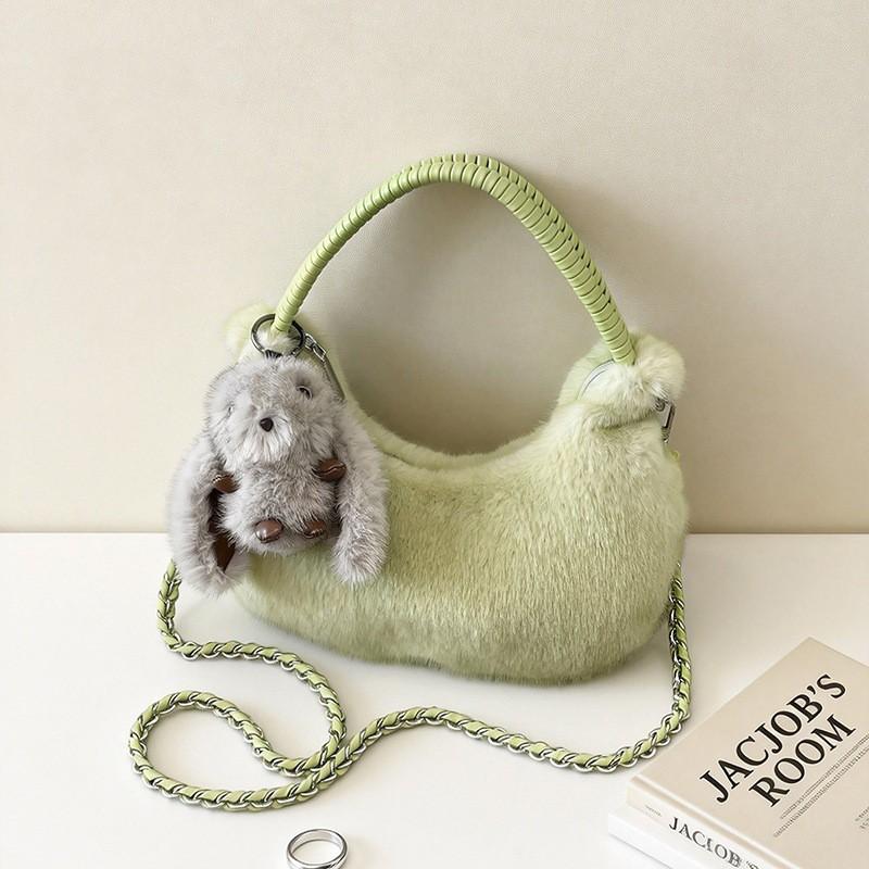 Cute Plush Shoulder Bag Women Soft Faux Fur Crossbody With Zip Card Pocket Urban Minimalist Style