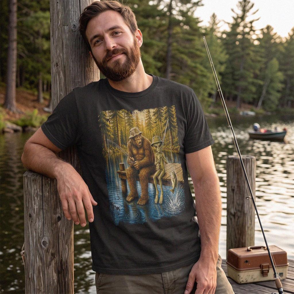 Bigfoot Alien Fishing Graphic Tee, Vintage Cryptid Lake Apparel
