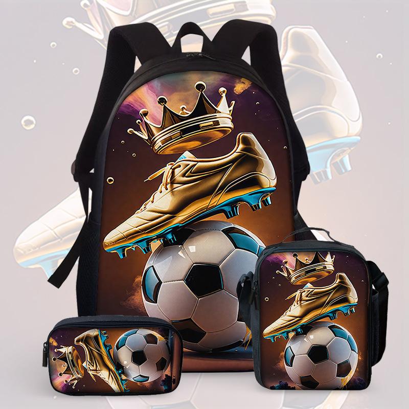 Football Cartoon Print Junior High School Backpack Three-Piece Children'S Schoolbag Primary School Backpack