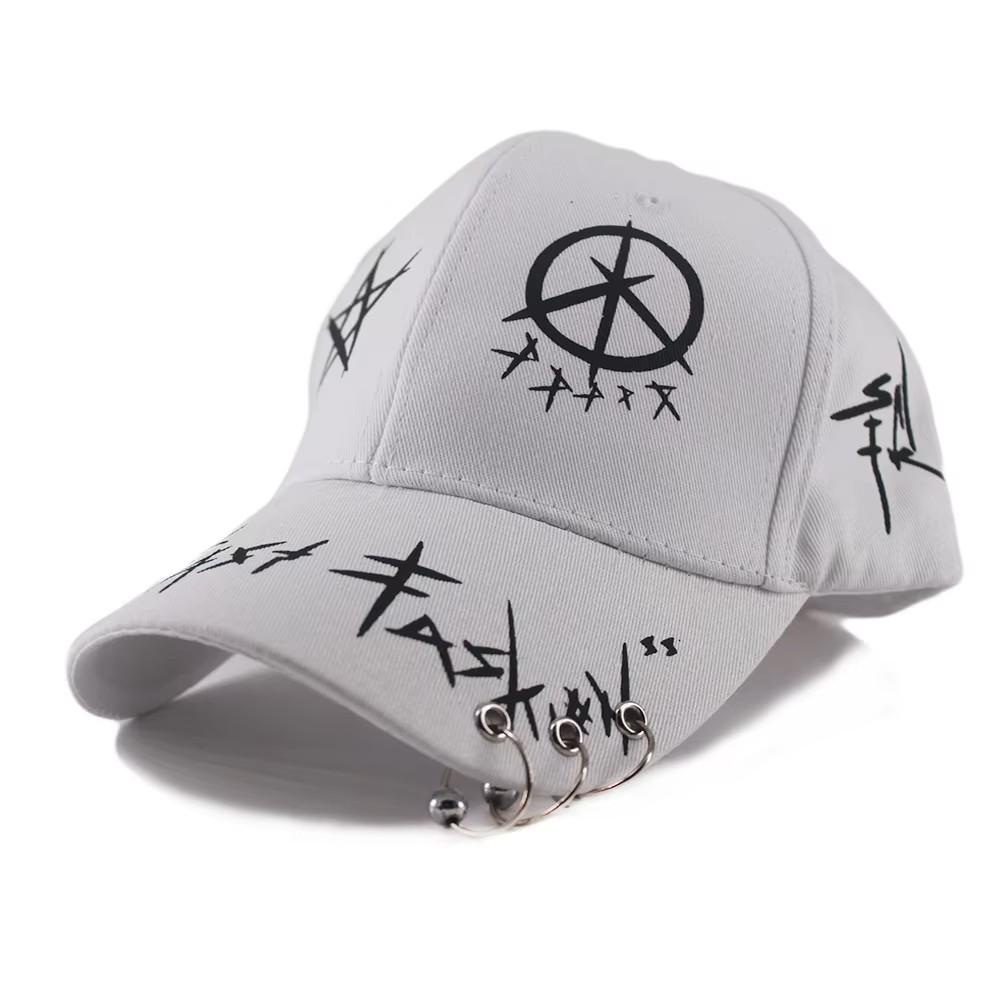 Baseball Cap Hat Grey Black Letter Graffiti Print Iron Ring Spring Summer Autumn Punk Hip hop Rock Adjustable Unisex Men Women Outdoor Casual Cotton