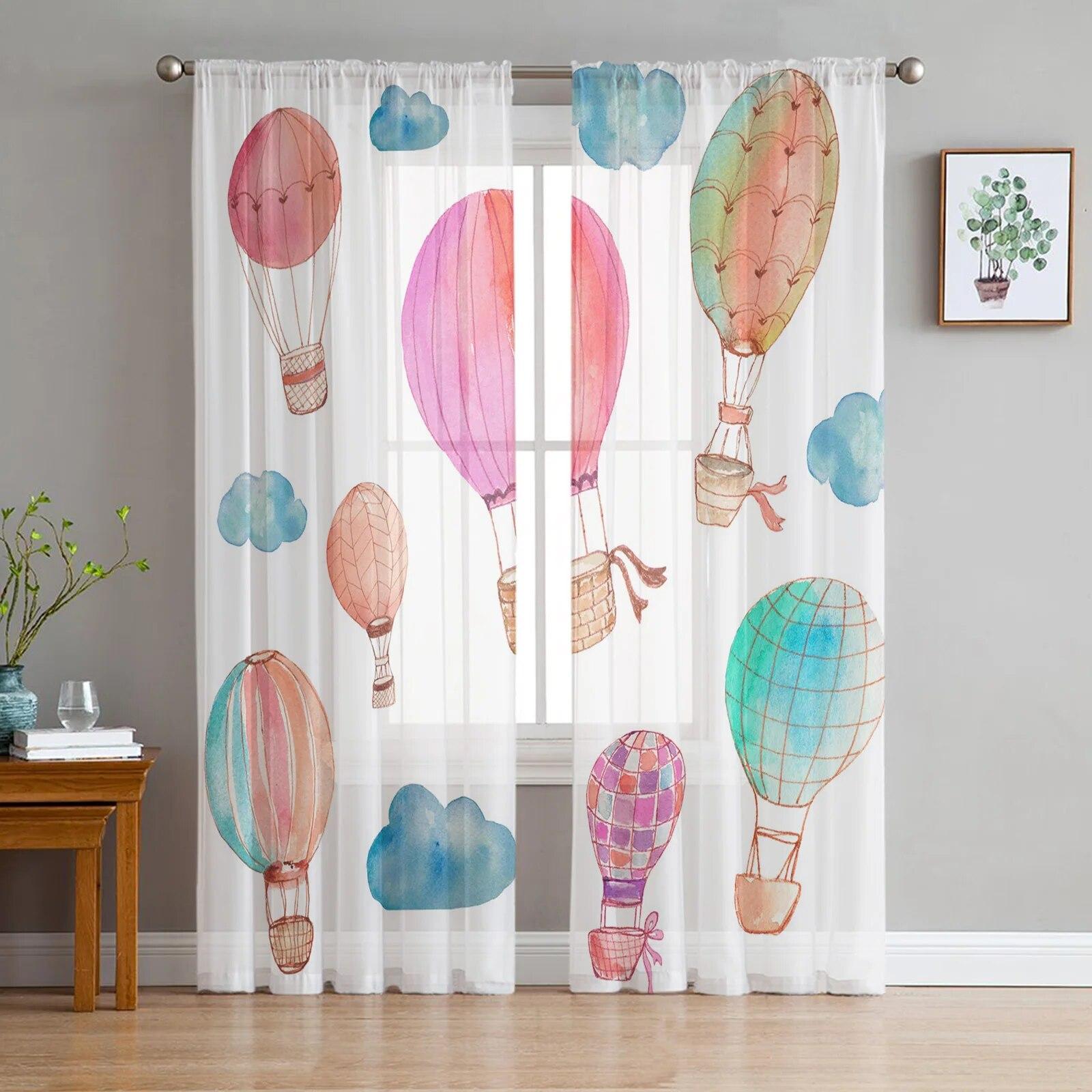 

Красочные Тюлевые Занавески с воздушными шарами и облаками, современные прозрачные занавески для дома, офиса, спальни, кухни, балкона 135W x 137H(cm) x 2