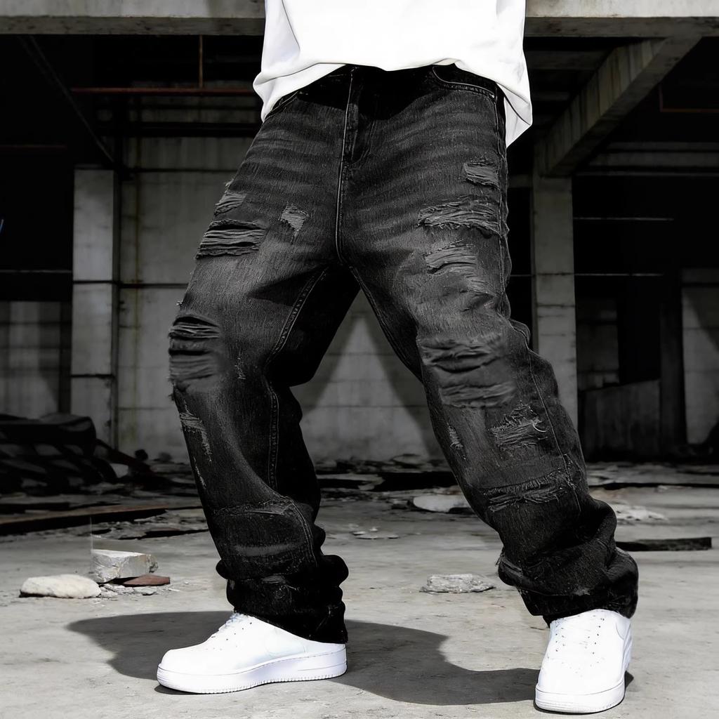 New American retro ruffian handsome casual personalized patch jeans straight loose pants