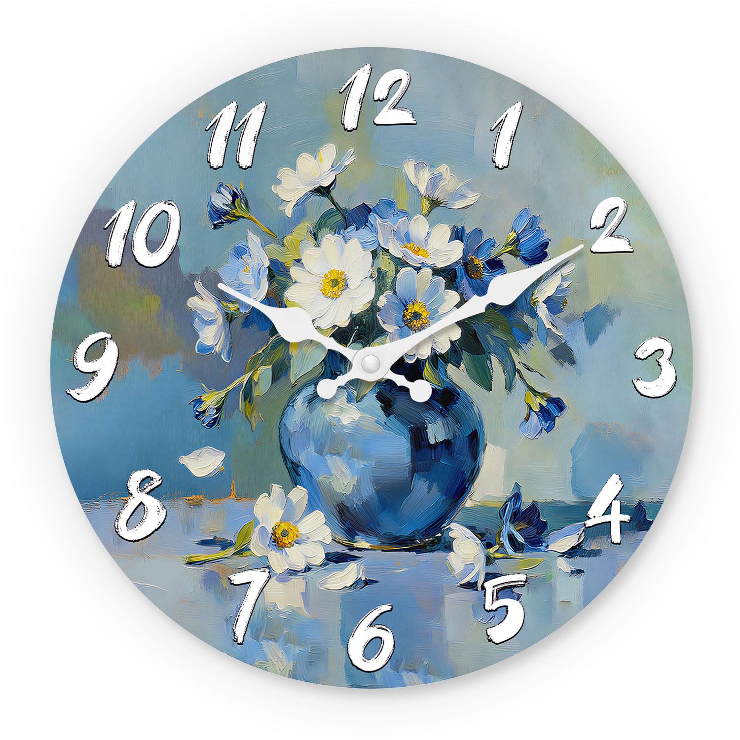 Top-Grade Blue First-Class And First-Class White Premium-Quality Floral Top-Grade Wooden Top-Grade Wall First-Class Clock 10-16Inch (as the picture,10Inch)