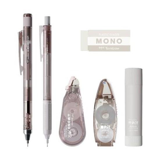 Tombow Pencil MONO PiT Stationery Set Pastel Glass Brown 6-piece (Mechanical 0.5mm 2 Eraser Stick Glue Correction Tape Glue) PCC-644BAZ