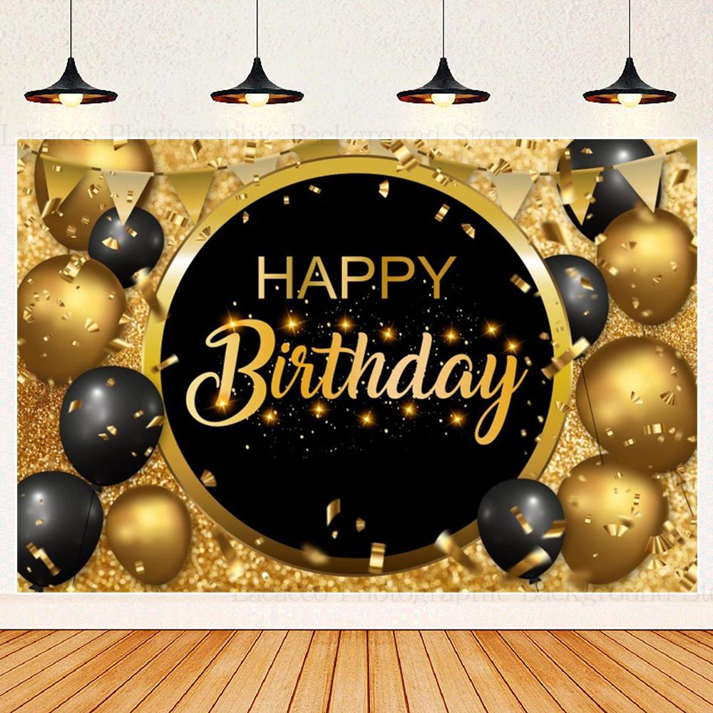 Happy Birthday Party Backdrops Black Gold Balloons Champagne Birthday Party Decor Banner Photography Background for Men Women