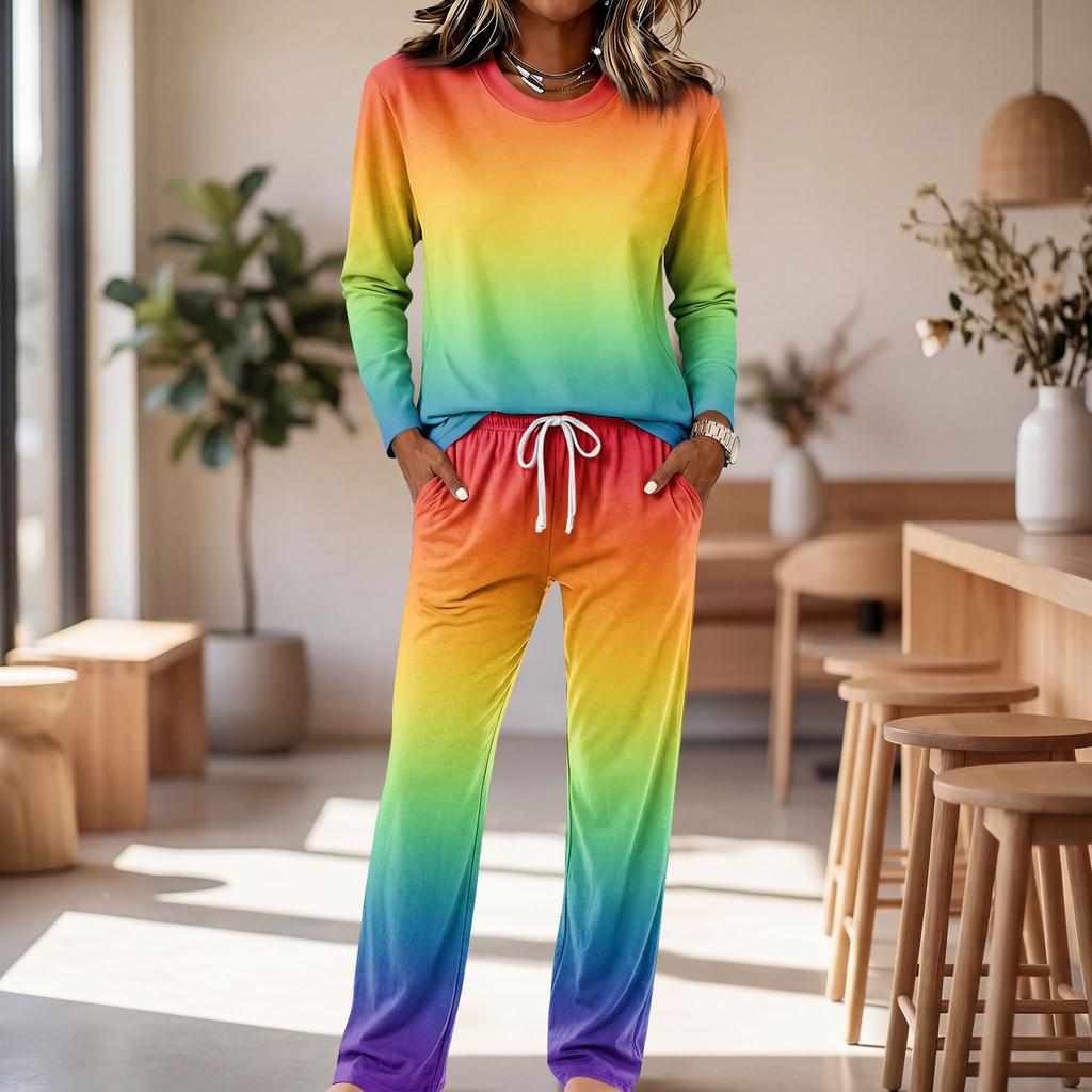 Set Pigiama da Donna a Manica Lunga con Scollo Rotondo, Coulisse e Gamba Larga per Casa e Sonno Casual