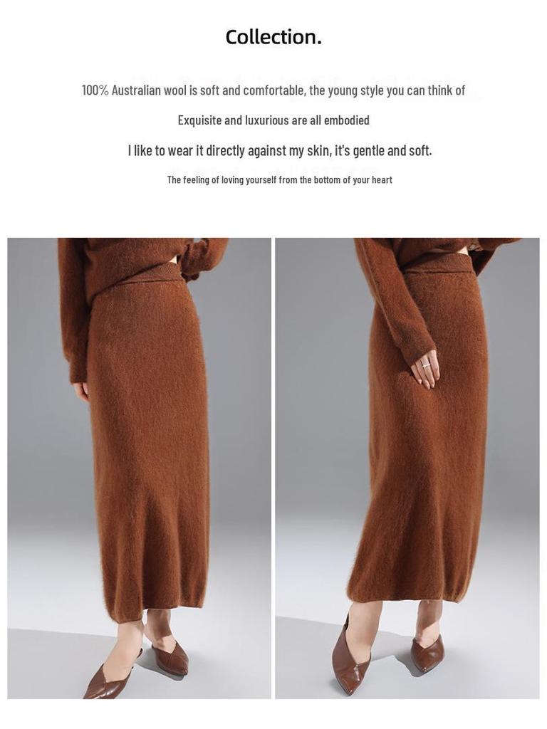 Autumn/Winter 100% Wool Solid Color Women's Slimming Midi Knitted Skirt