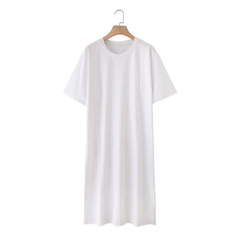 Summer New Product Women's Clothes Round Neck Short Sleeve Slit Design Cotton Long A- Line T-shirt Dress 4174465