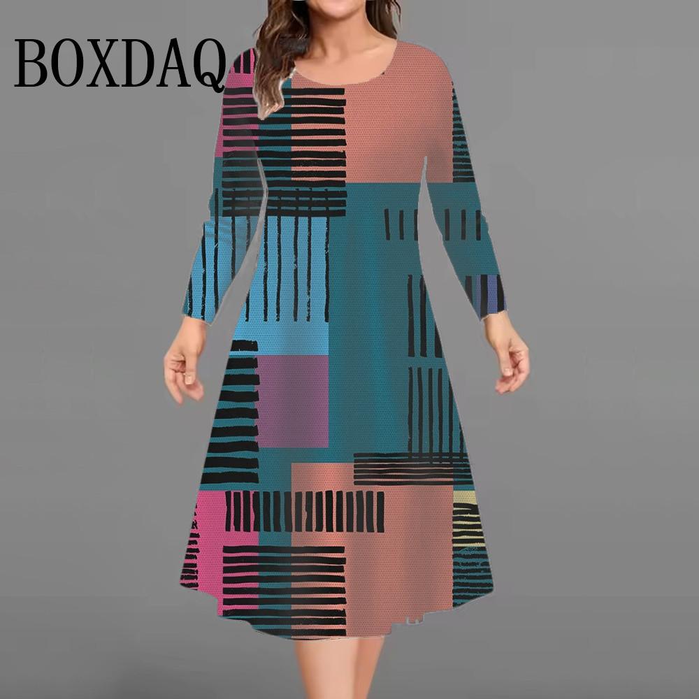 Womens Plus Size Geometry Striped Print Dresses Autumn Casual Long Sleeve A-Line Dresses Oversized Loose Female Clothing S