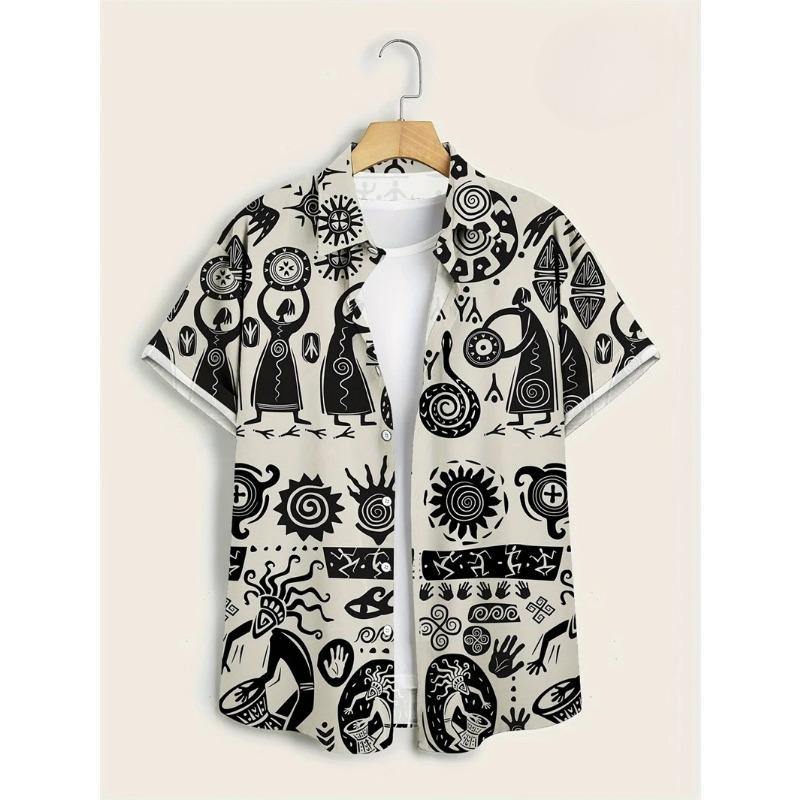 Camisas Havaianas para Homens T-shirt Casual de Manga Curta com Estampa Paisley 3D Gola Lapela Botões Tops Masculinos Verão Oversized Boêmio Camisetas Masculinas