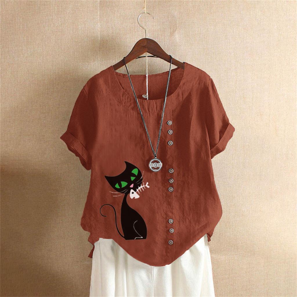 Summer Oversized Cotton and Linen Short-sleeved T-shirt, Cotton and Linen Cat Printed Oversized Women's Clothing