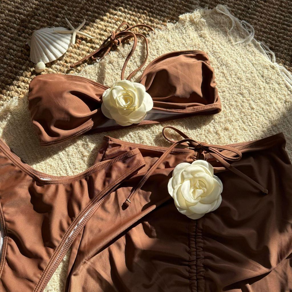 2025 Sexy Rose Sling Solid Color Three-Piece Bikini Set - European & American Style
