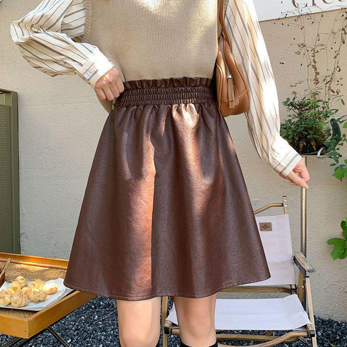 

2025 New Women s High Waist A-Line PU Leather Skirt S (up to 95 lbs)