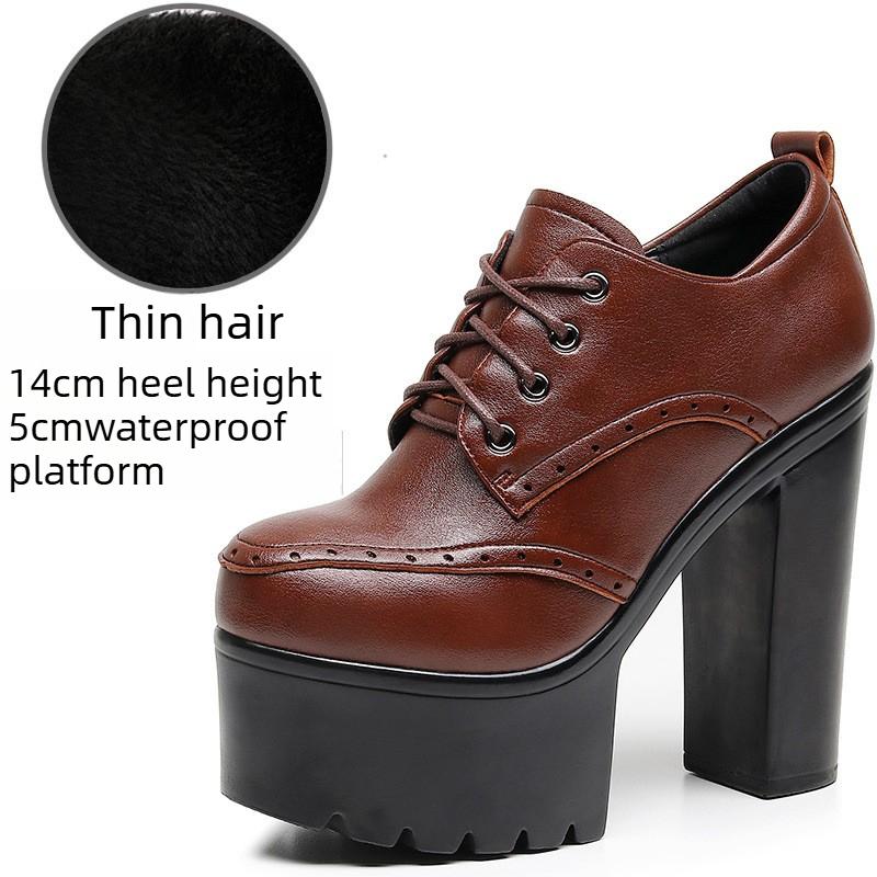 Brogue Damenschnürschuhe im britischen Stil aus Leder mit klobigen Absätzen, High Heels, wasserdichter Plateau-Sohle, runder Spitze, tiefem Ausschnitt