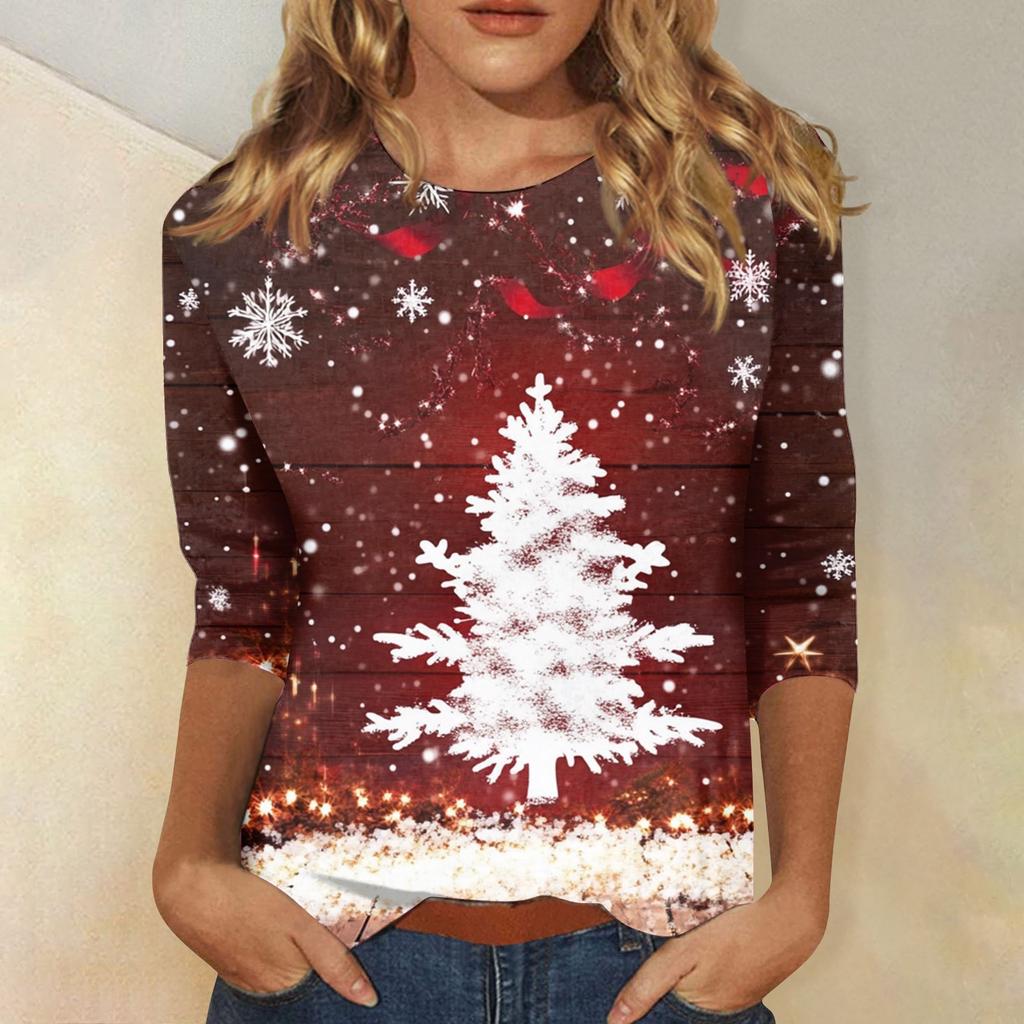 Edición Limitada de Navidad Camiseta de Mujer 3D Roja con Estampado de Árbol de Navidad Cuello Redondo Manga Larga Moda Casual Top de Manga Larga
