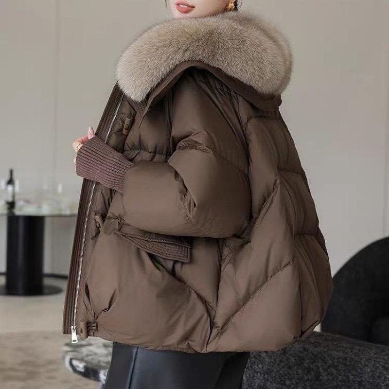 Zimní nový kožešinový límec Puffer Down Parka Volné dolů Teplejší Silnější sněhová bunda Kapsa Zip Umělá kožešina Svrchní oblečení Žena
