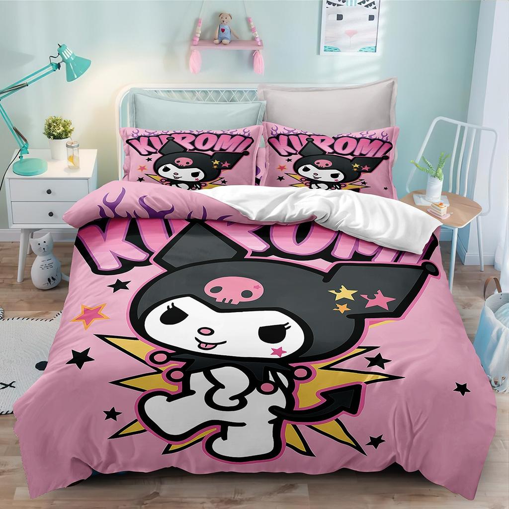 Cute Anime Cartoon Kuromi Bedding Picture Comforter Quilt Bed Cover Duvet Cover Pillow Case 2-3 Pieces Sets Kids Adult Size