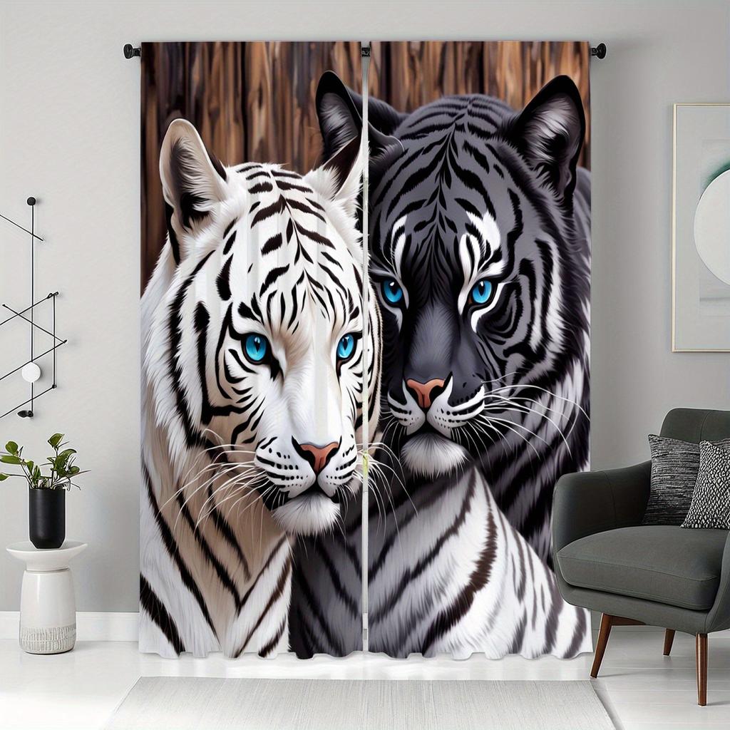 2pc Double tiger print curtains   polyester fabric   machine washable   suitable for bedroom and living room decoration