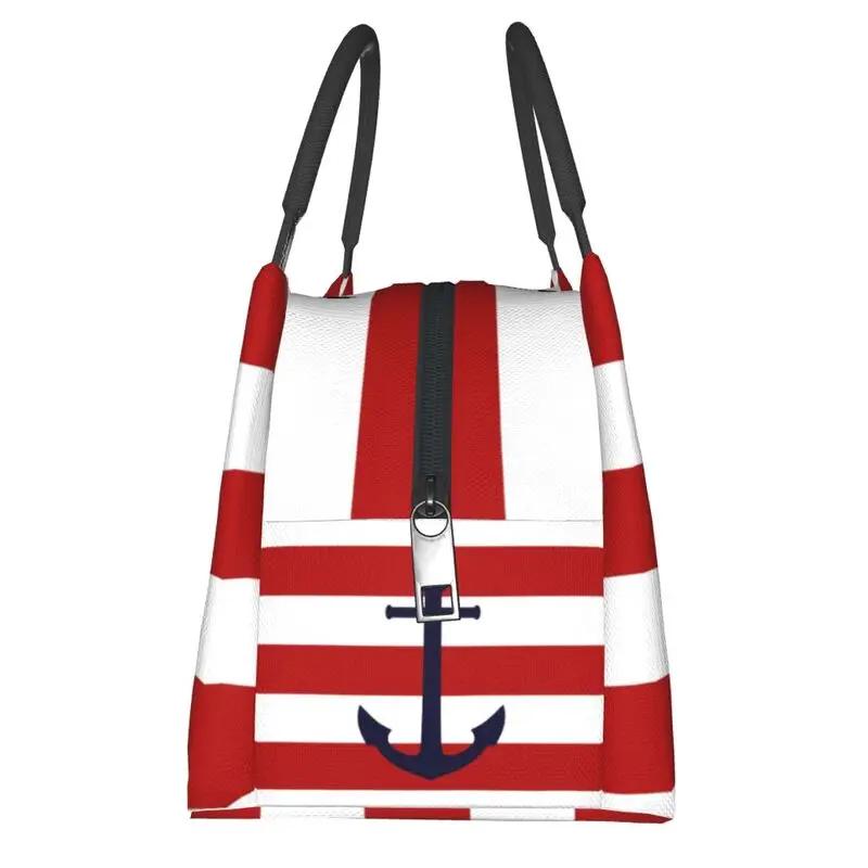 Nautical Navy Blue Anchor On Red Stripes Portable Lunch Box Leakproof Sailing Sailor Thermal Cooler Food Insulated Lunch Bag