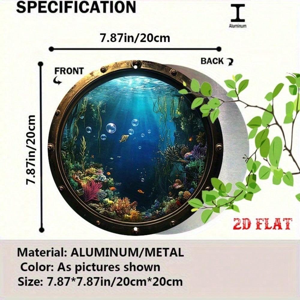 Vintage Nautical Metal Wall Art Round Porthole Sign Underwater Fish Coral Decor