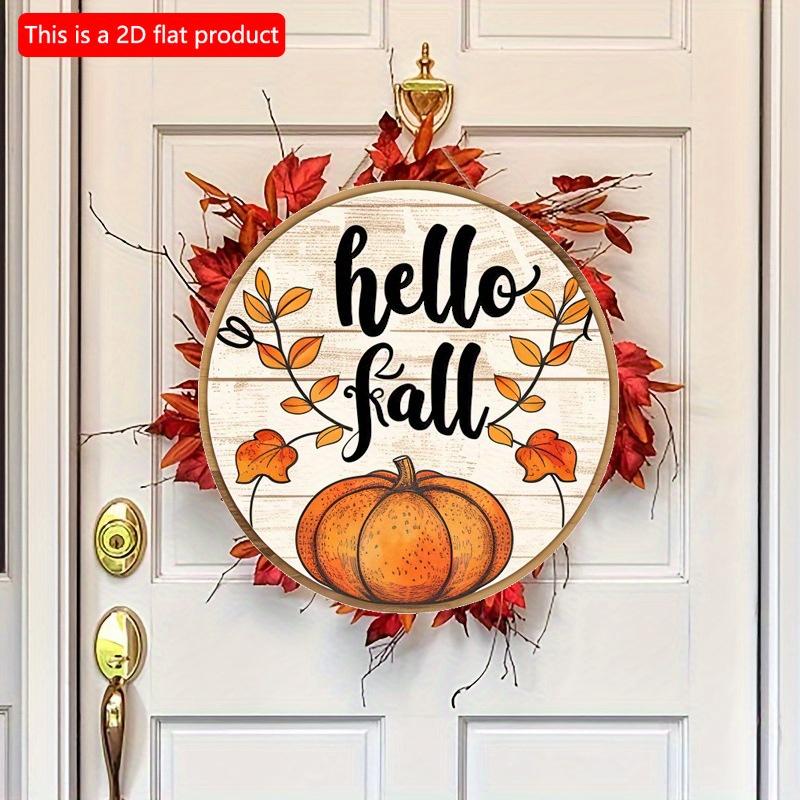 2d Flat 20*20cm, Autumn Home Decoration, "Hello Fall" Pumpkin Circular Wooden Creative Logo, for Home, Kitchen, Bar, Cafe, Garden Wall Decor.