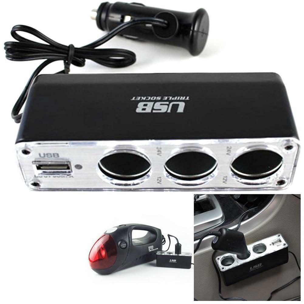 3 Way Multi Socket Car Cigarette Lighter Splitter USB USB Adapter 12V/24V BX Plug With DC Port Triple Charger