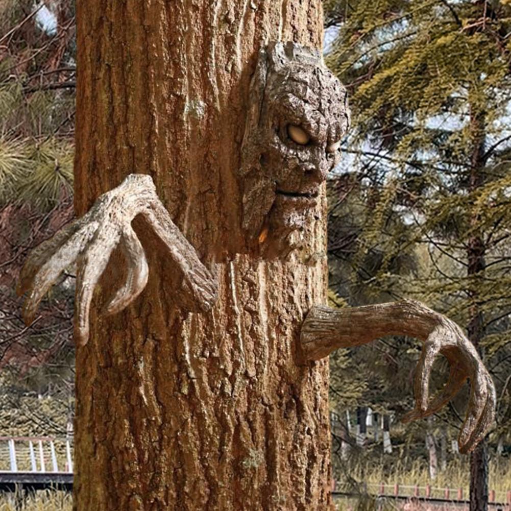3Pcs/Set Horrified Ghost Facial Design Scary Bark Miniatures Tree Hugger Statues Halloween Decorations Bark Sculpture