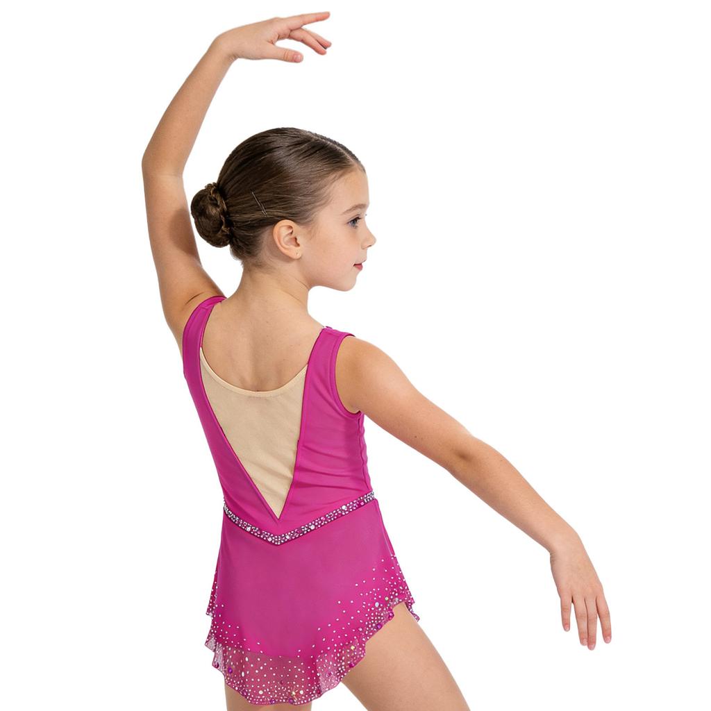 Girls Gymnastics Figure Skating Dress: Sleeveless Cross Front Mesh Patchwork Sparkling Rhinestone Color Block with Built-in Briefs