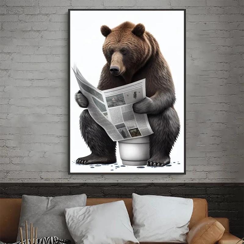 Engraçado Banheiro Animal Humorístico Urso Cachorro Tigre Sentado no Vaso Sanitário Lendo Jornal Pintura em Tela Pôsteres e Impressões Arte de Parede