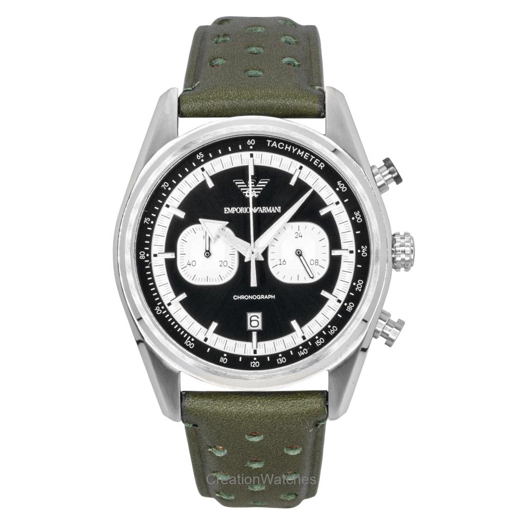 

Мужские часы Emporio Armani Chronograph с зеленым кожаным ремешком, черным и серебристым циферблатом, кварцевые AR11709 серебряный/чёрный