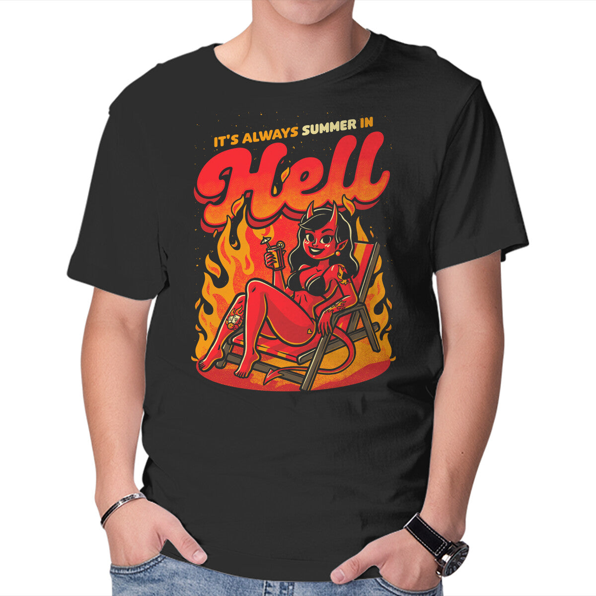 Unisex Crew Neck T-Shirt Summer Pinup Devil Graphic Short Sleeve Casual Tee S