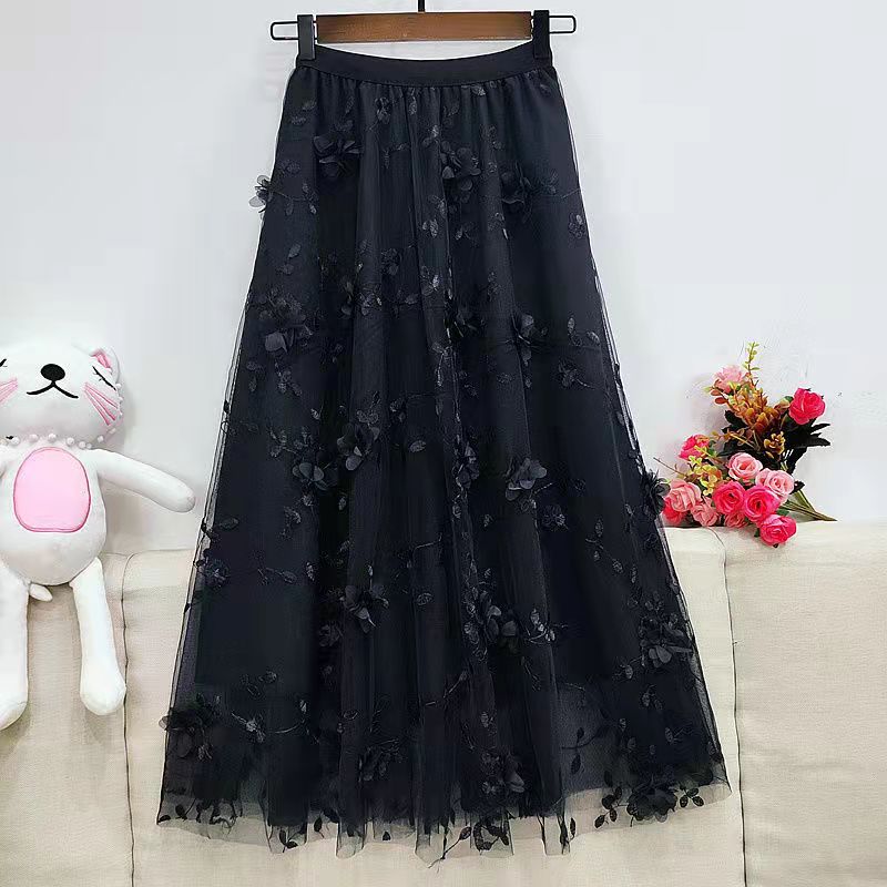 

Осень-зима, женская повседневная длинная юбка с высокой талией, сетчатая юбка до середины икры с бисером, женские длинные юбки для женщин one size чёрный