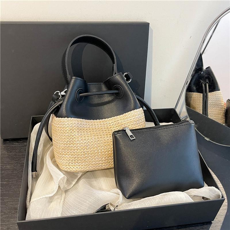 Neue Mode Damen Handgewebt +Leder Kleine Handtasche Große Kapazität Kordelzug Lässig Strand Schultertasche Luxusmarke Umhängetasche
