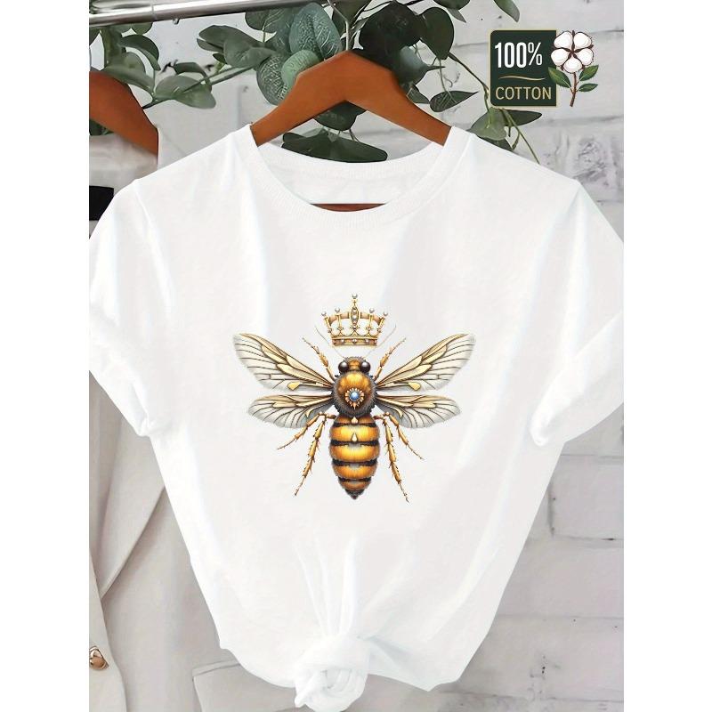

European Size Women S Vintage-Inspired Queen Bee & Crown Print T-Shirt - White Beekeeping Design with Black Bee & Honeycomb Pattern 4XL