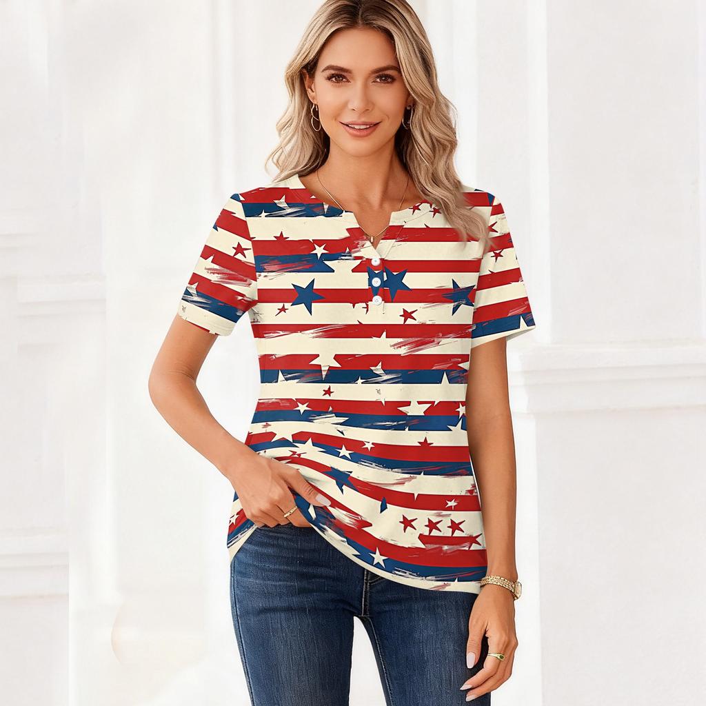 Women's T Shirt Independence Day Print Button Short Sleeve Daily Weekend Fashion Basic V- Neck Regular Top
