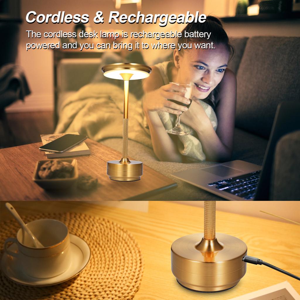 Modern Minimalist Metal Table Lamp Touch Control LED Desk Lamp Cordless Bedside Nightstand Lamp 3 Light Colors Stepless