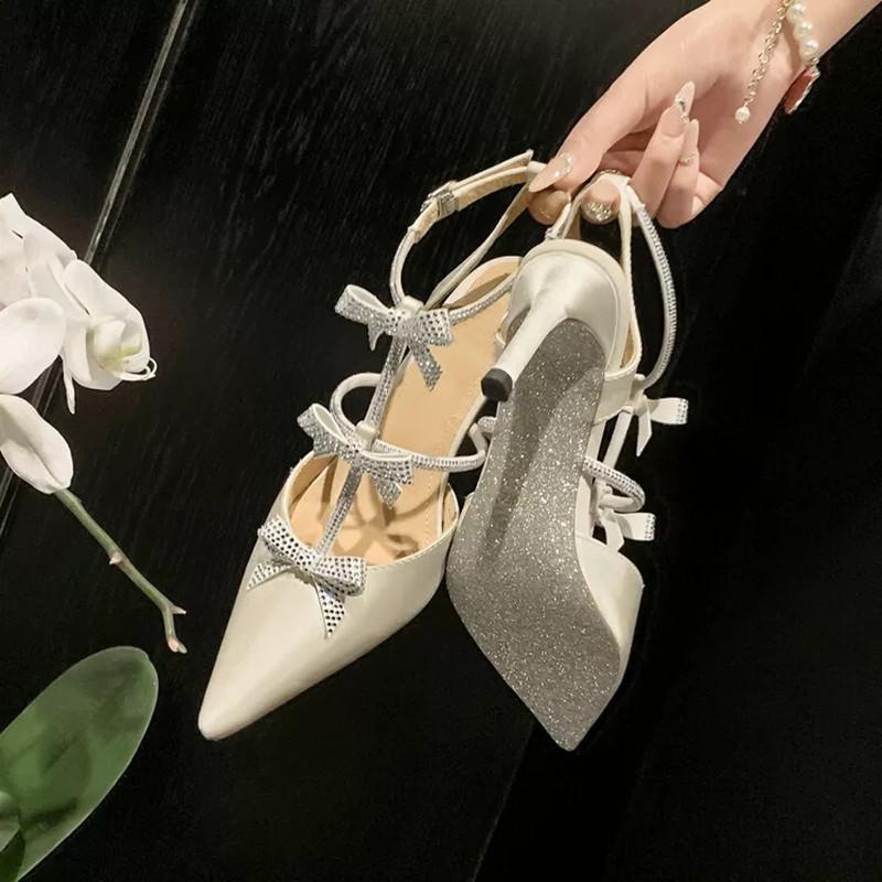Fashion Luxury Rhinestones Bowknot Satin Mary Janes Women Pumps Elegant Pointed toe Thin High heels Summer Slingback Wedding Party Shoes