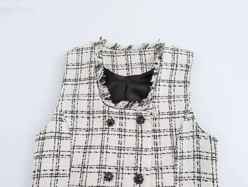 Autumn High Street Style Plaid Vest & High Waist Pants Set