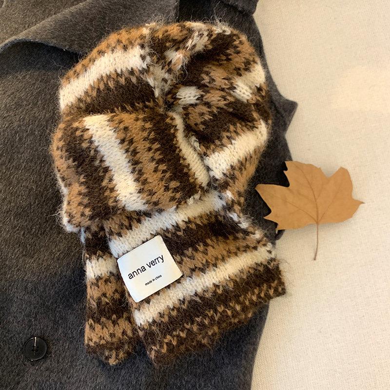 Fair Island Striped Knitted Scarf Women's New Winter Thickened Warm Soft Waxy Couple Shawl Wool Scarf