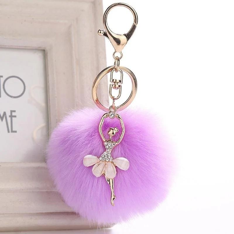 Cute Accessories Gifts Fake Rabbit Fur Ball KeyChain Pompom Key Chain Key Rings Ballet Angel Girl Pompon Bag Jewelry Gifts