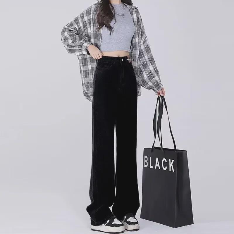 Women's Black High-Waist Wide-Leg Jeans - Floor-Length, Plush Lining, Warm, Loose Fit