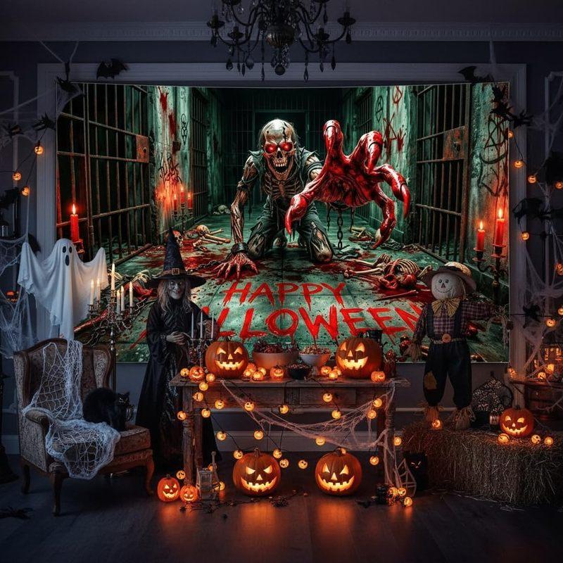 1pc,2Dflat, Halloween horror background, terrifying zombies, bloody monsters, crawling skeletons, Halloween happy background, ws