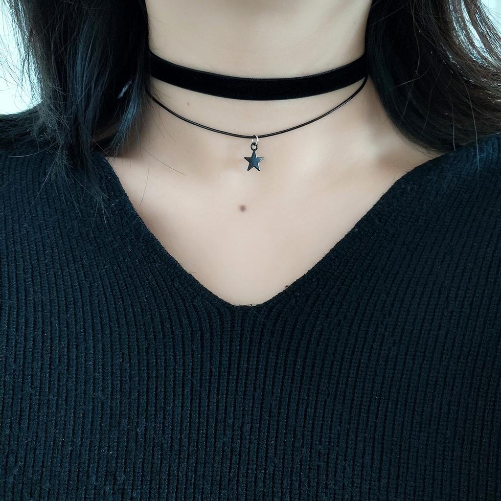Simple Personalized Black Velvet Strap Choker Neck Strap Double Pentagram Pendant Choker Necklace Women's Accessories Ornaments