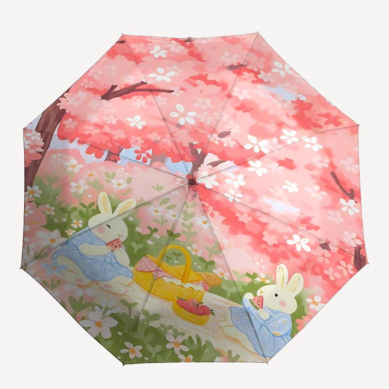 

1pc Cherry Blossom Picnic umbrella with 8 iron ribs and a plastic handle, automatic opening and closing, portable and foldable1082