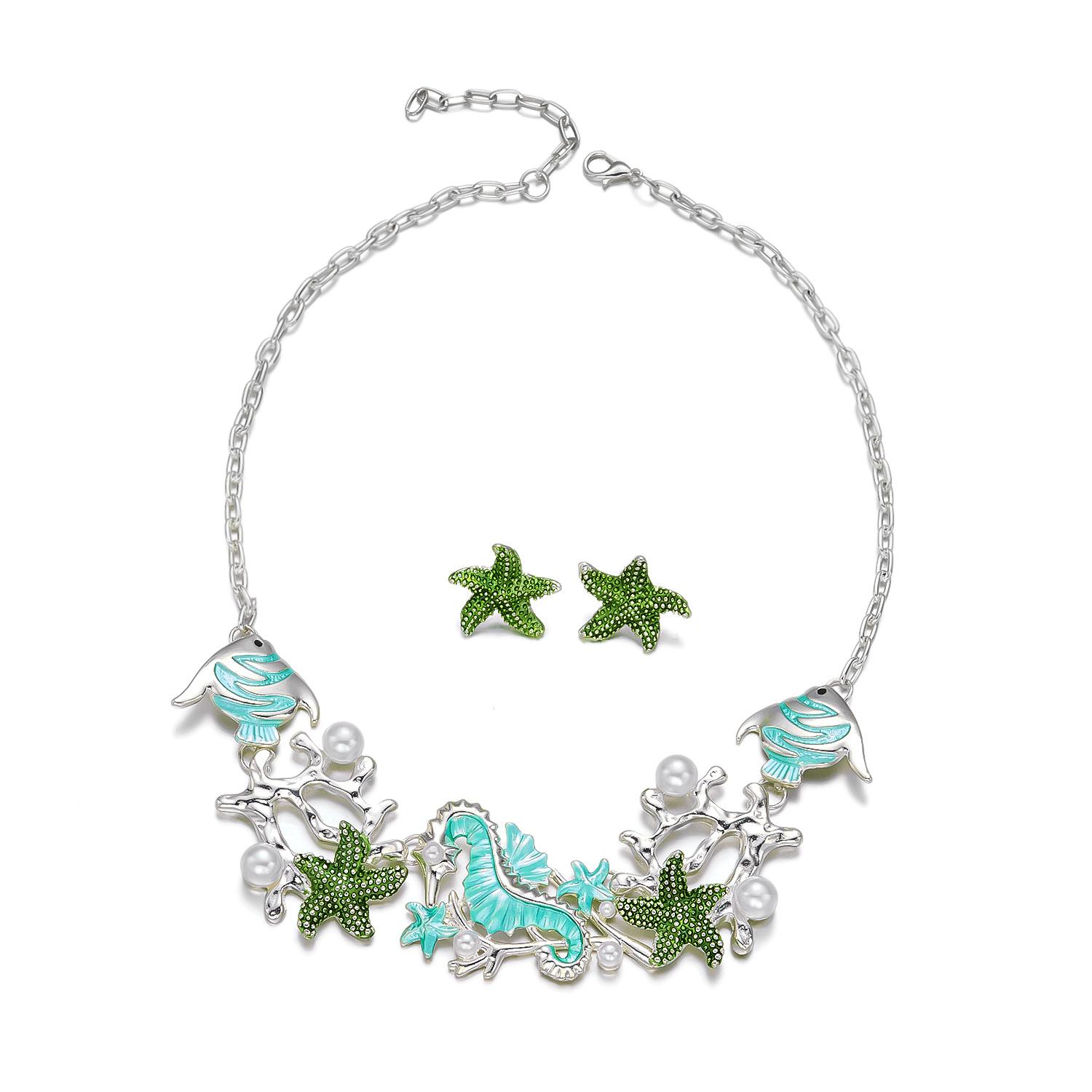 Seahorse Starfish Faux Pearl Necklace Earrings Set Ocean Theme Summer Beach Jewelry Boho Vacation Accessories For Women