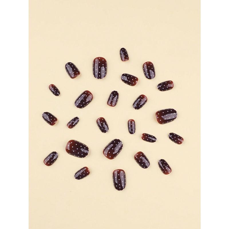 Brown Nails Press On White Polka Dot False Nails Short Fake Nails Oval Shape Press On Nails Manicure Set Includes 1sheet Adhesive Tabs & 1pc Mini File