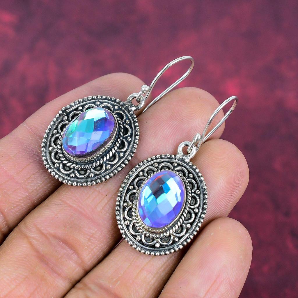 Faceted Mystic Topaz Earrings, 925 Solid Sterling Silver Earrings, Handmade Gemstone Jewelry, Gifts For Wife Brand New Earrings