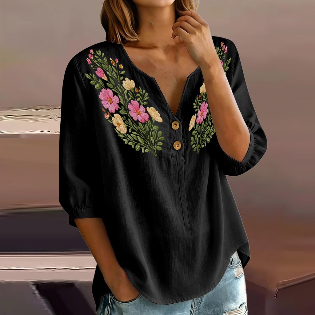 Women Floral Pattern Henley Button Neck Shirt Three Quarter Sleeve Casual Cotton Linen Blouse Lightweight Breathable Top